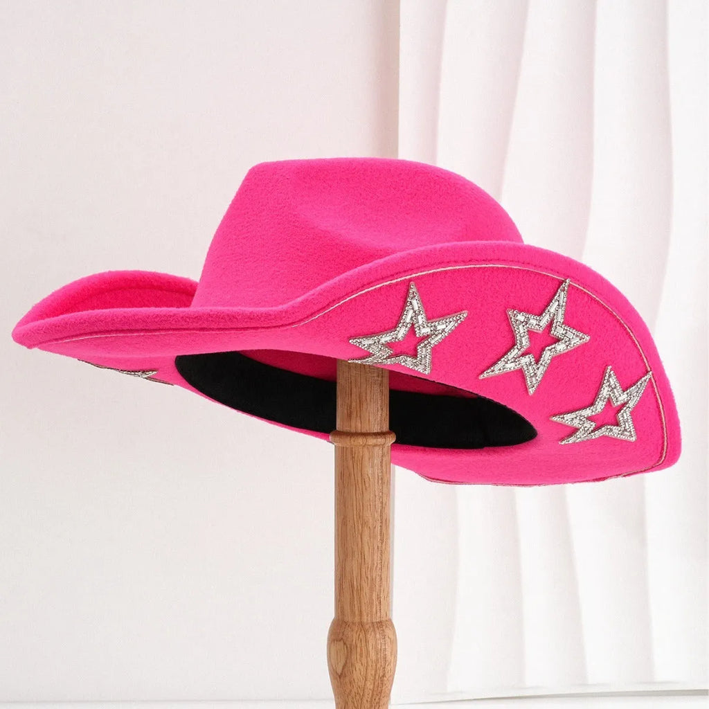 Western denim top hat with hexagonal star pattern on woven polyester fabric