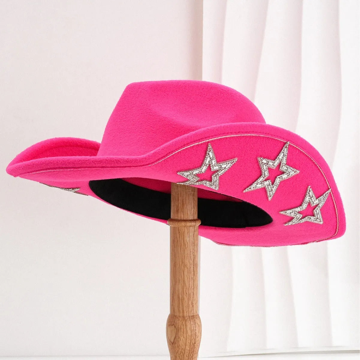 Western denim top hat with hexagonal star pattern on woven polyester fabric