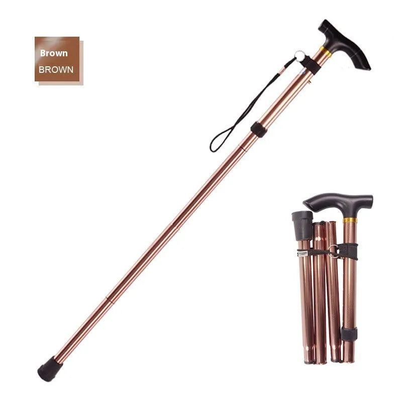 Aluminum folding walking cane extended to show adjustable shaft and rubber tip
