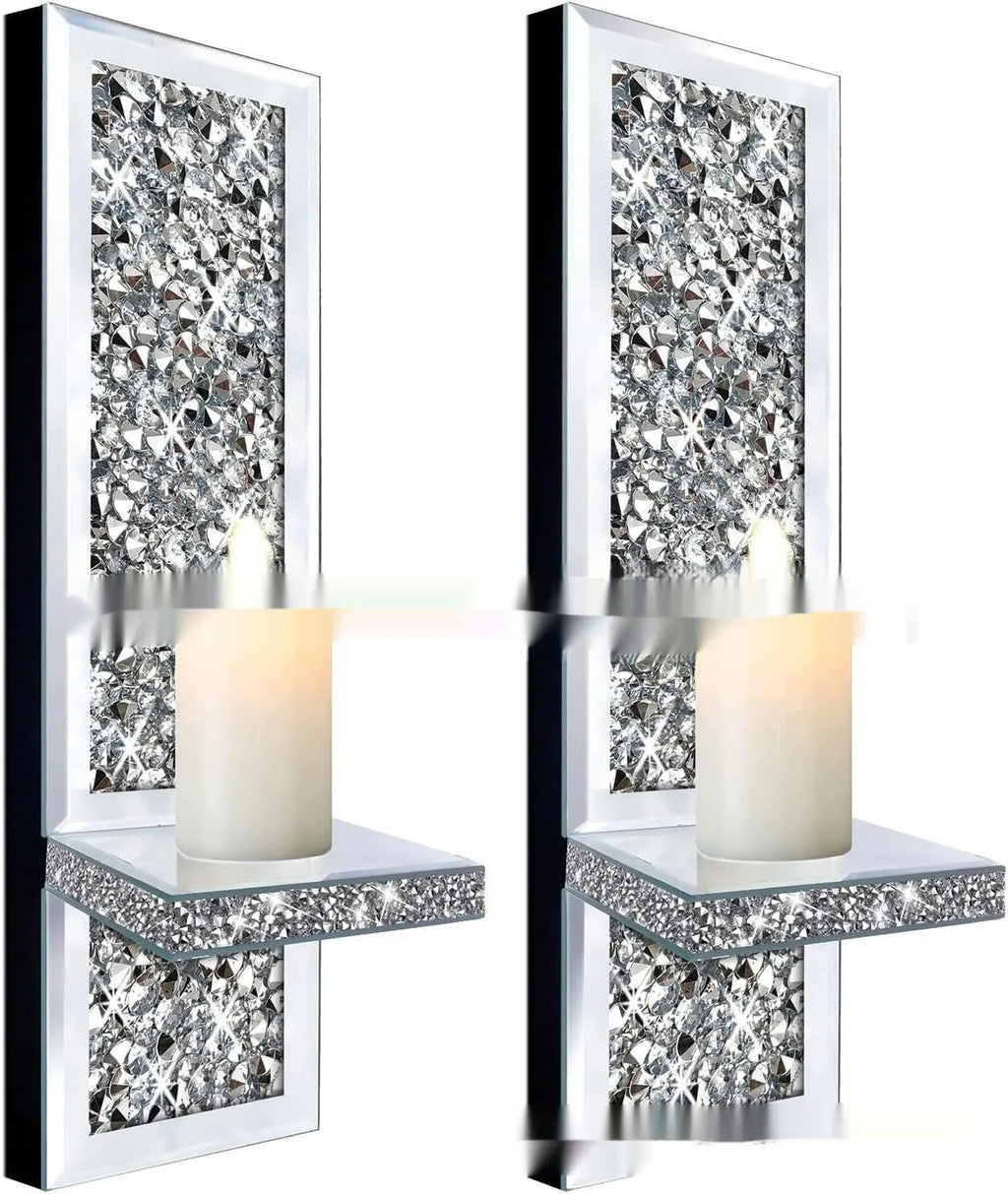 Pair of modern silver mirror glass wall-mounted candle holders, 38cm tall.