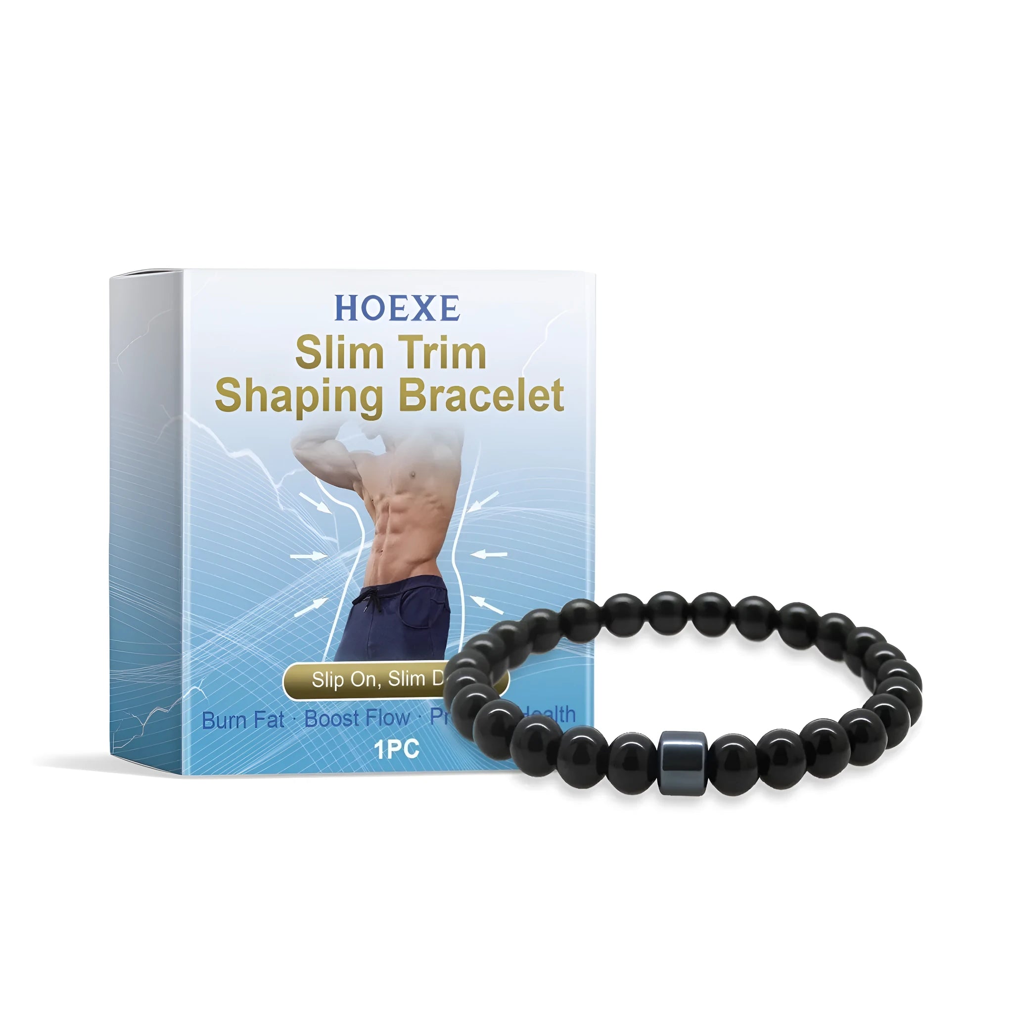 Black gallstone and glass men's body shaping wristband bracelet on a wrist.