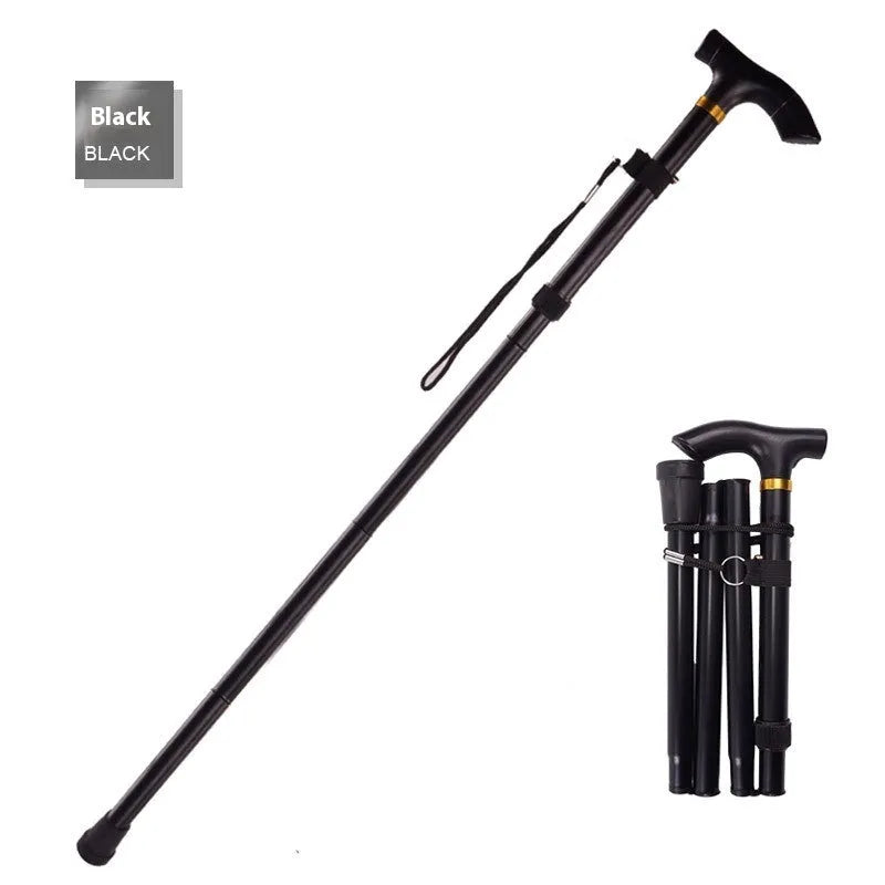 Aluminum folding walking cane extended to show adjustable shaft and rubber tip