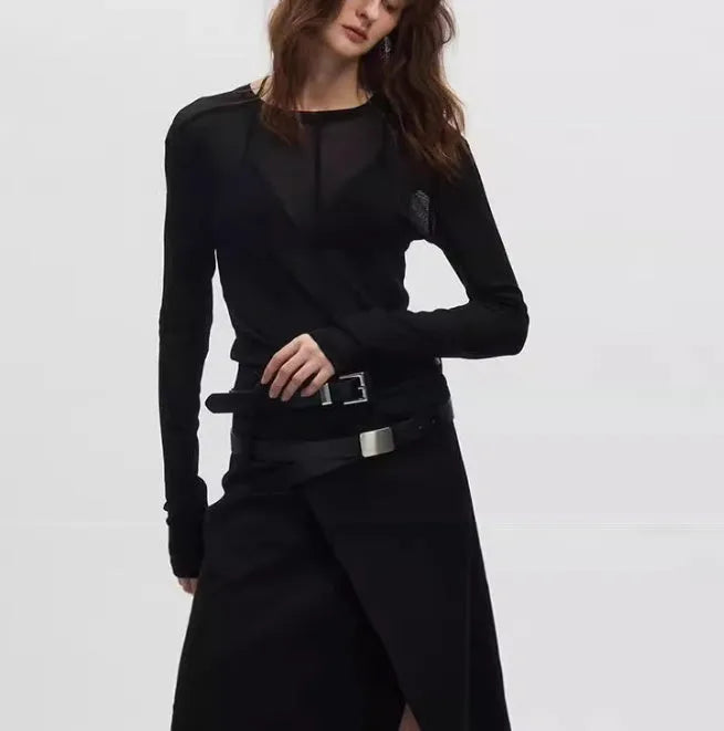 Black slim-fit mesh pullover with long sleeves and a round collar.
