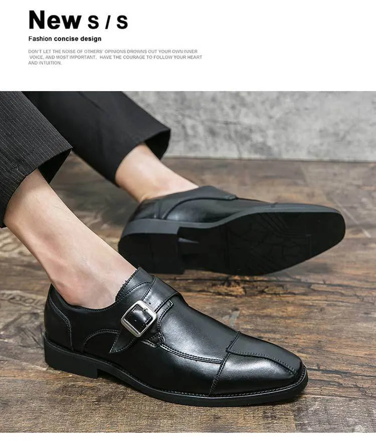 Men's British style retro buckle casual leather shoes in brown blue and black colours with tall crown design