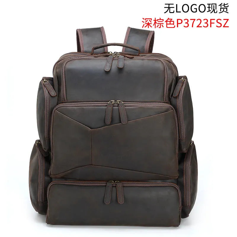 Dark brown leather men's backpack for 17-inch laptops with multiple compartments