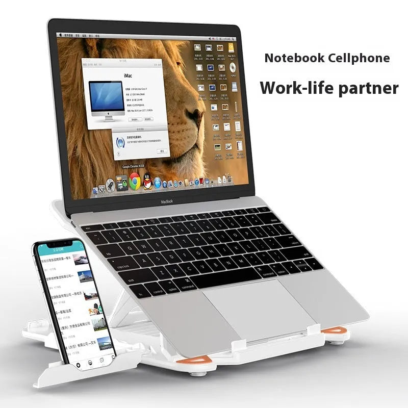 Black ABS plastic laptop lifting bracket with integrated phone holder on a wooden desk