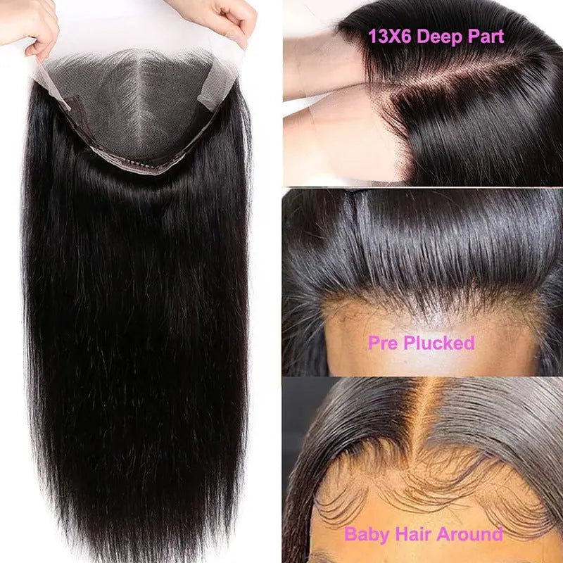 13x6 straight lace front human hair wig in black showing natural hairline construction