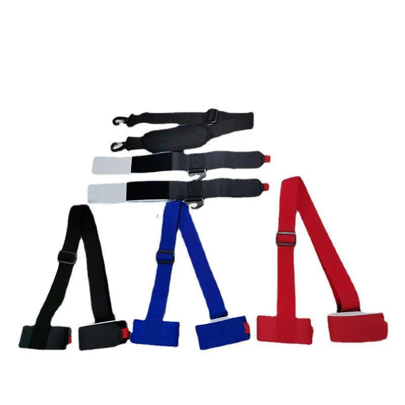Adjustable hook and loop shoulder strap for a portable sled, shown in multiple colour options.