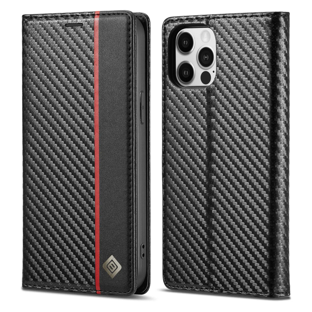 PU TPU handmade carbon fibre magnetic flip phone case in horizontal colour for iPhone