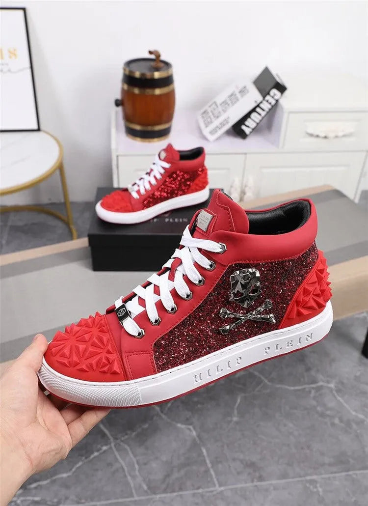 Men's black genuine leather high top skeleton shoes with lace-up front and rubber sole