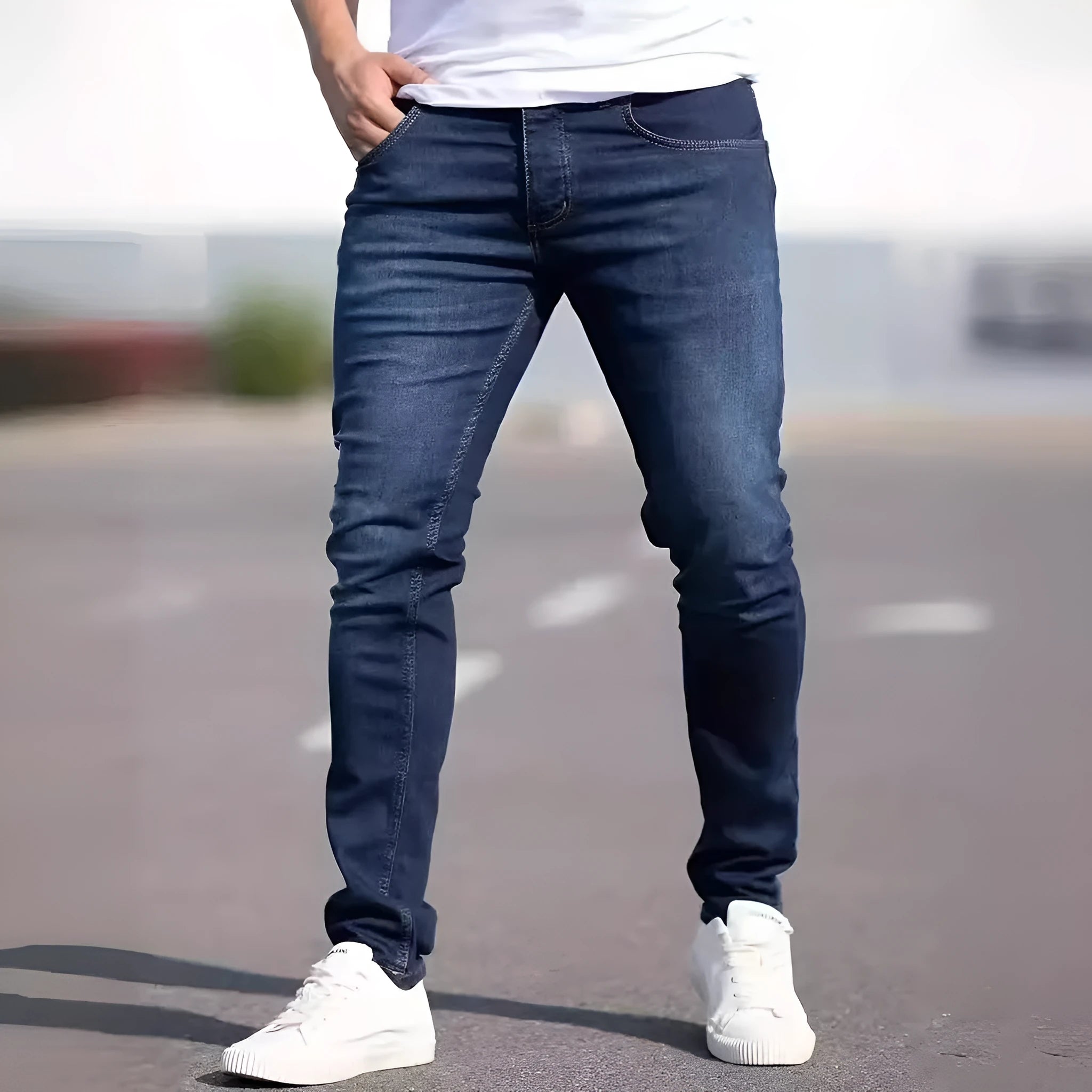 Men's dark blue slim fit jeans with elastic cotton fabric and zipper fly