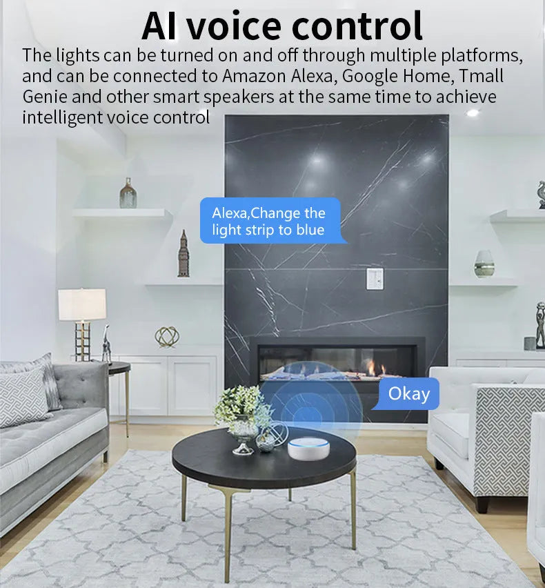 GU10 format smart wifi LED spotlight bulb with RGBCCT colour and voice control.