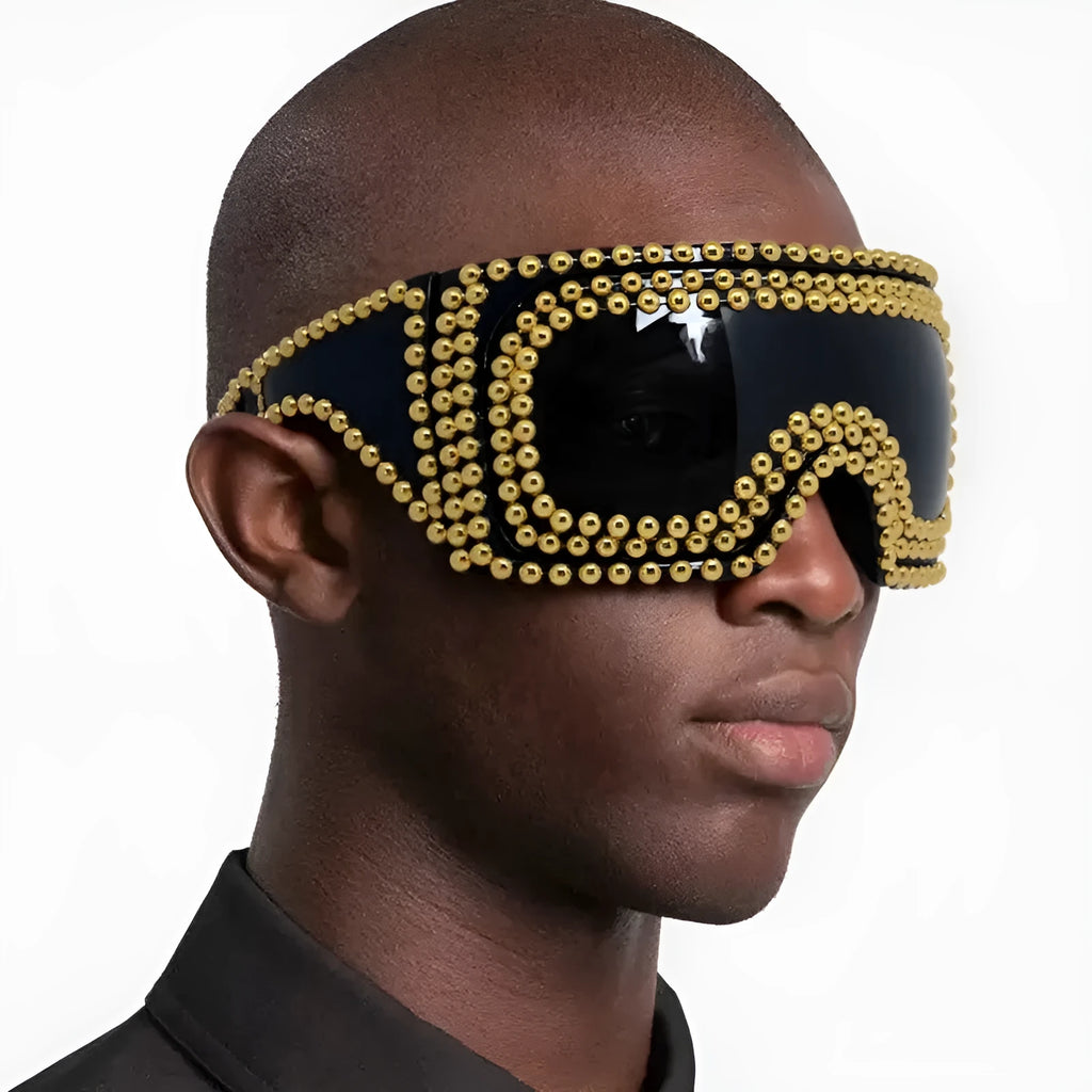 Men's punk style square sunglasses with large rim and rivet detailing in gold colour