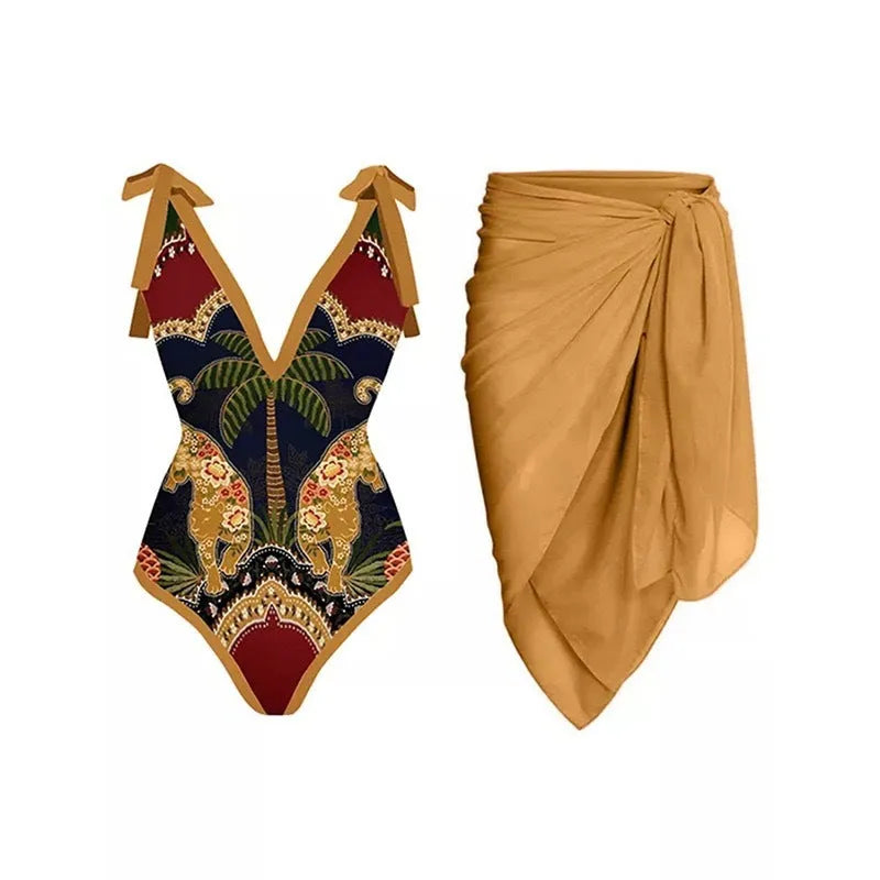 Women's solid colour one-piece swimsuit with spaghetti straps and a matching skirt.