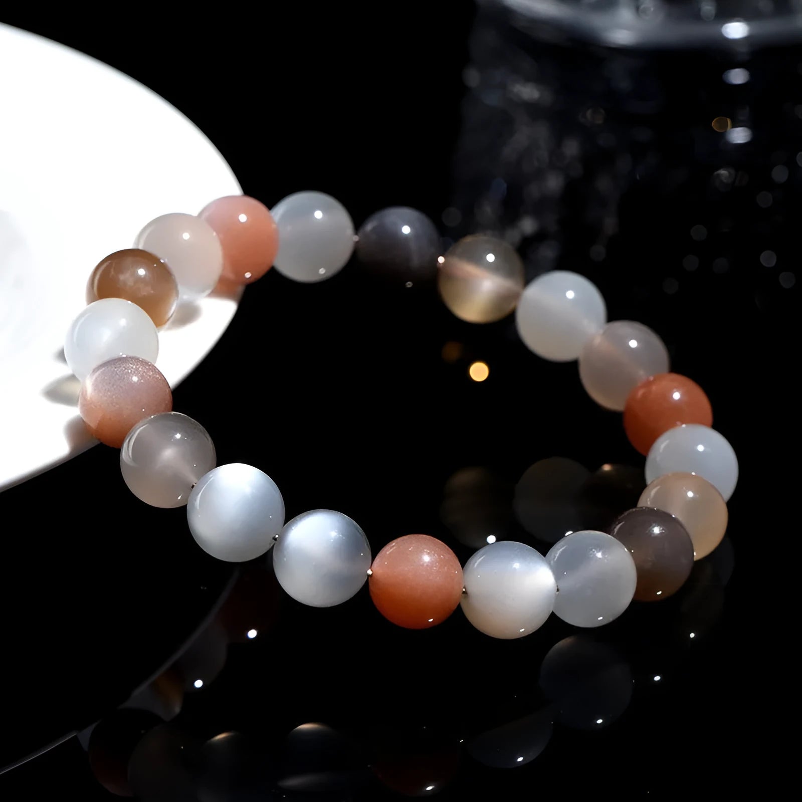 Natural colourful moonlight moonstone duobao bracelet with 8mm beads in single circle arrangement