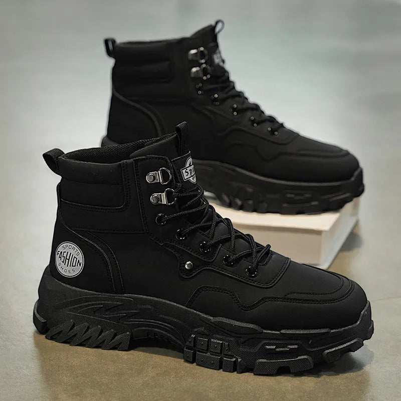 Men's Martin boots in black and yellow with artificial PU upper and mid-calf height