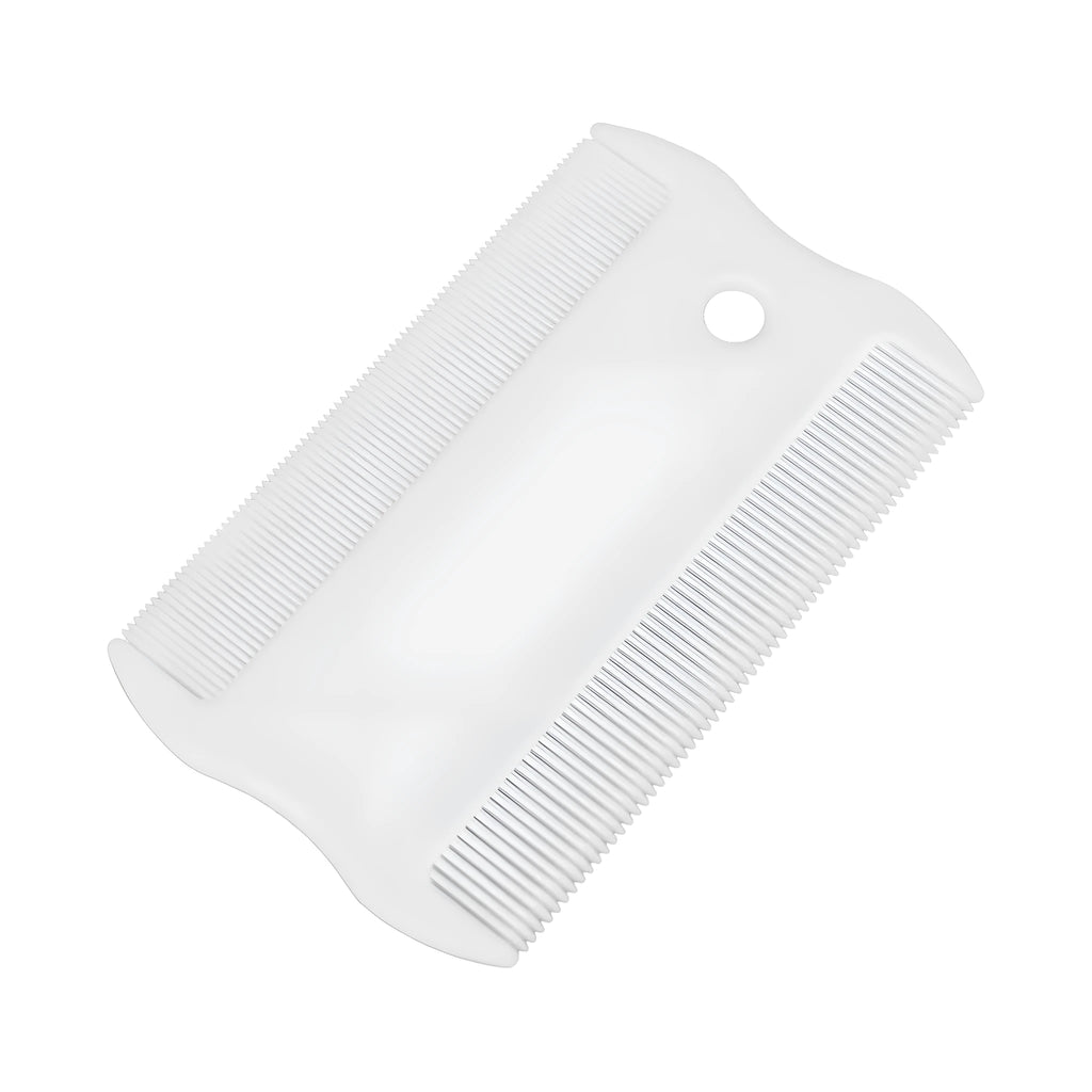 Small white plastic dual-sided pet flea comb for cats and dogs on a plain background.