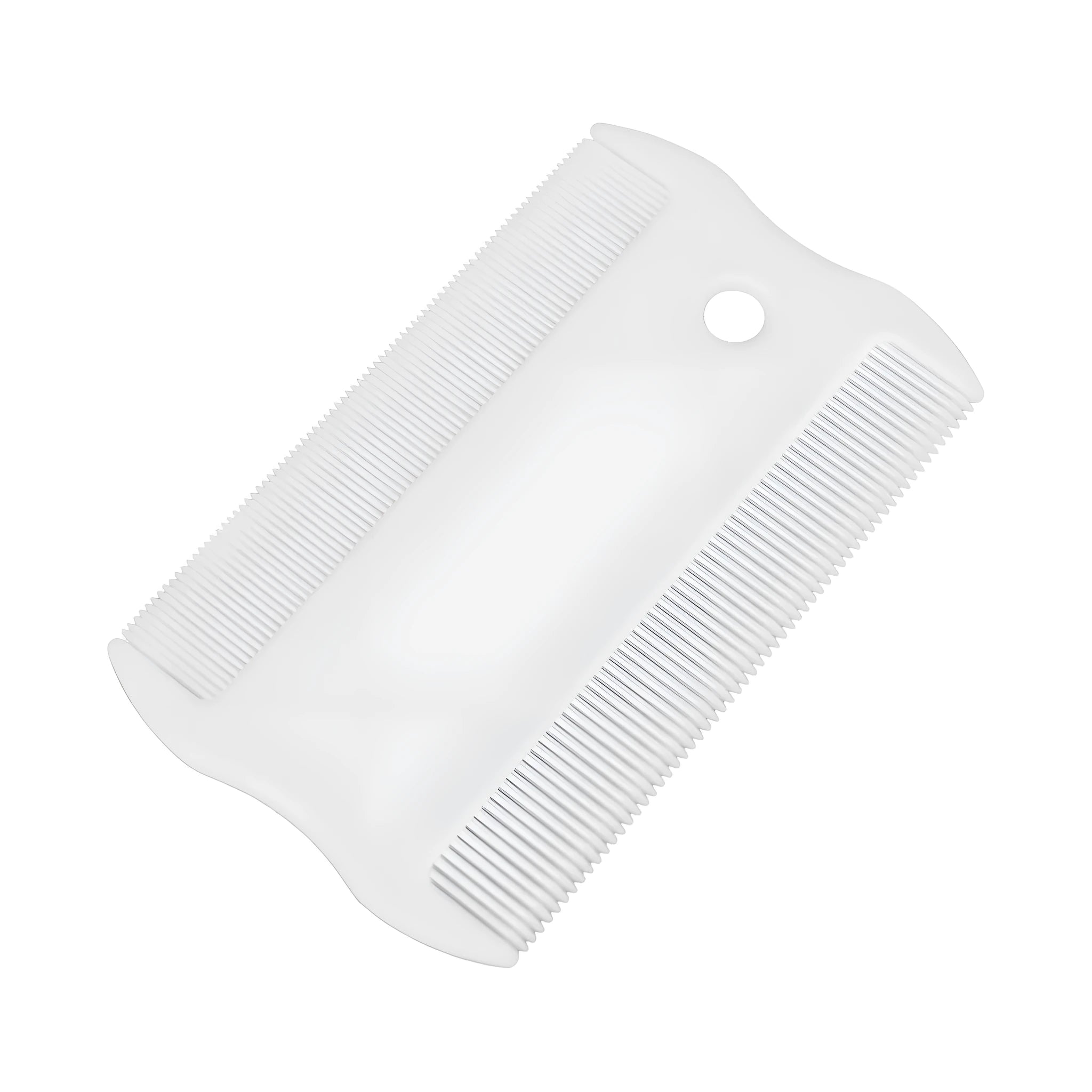 Small white plastic dual-sided pet flea comb for cats and dogs on a plain background.