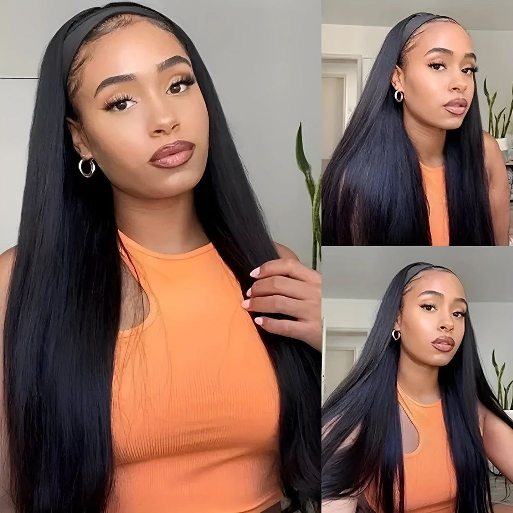Headband wig with synthetic hair in straight or curly styles and wine red colour option