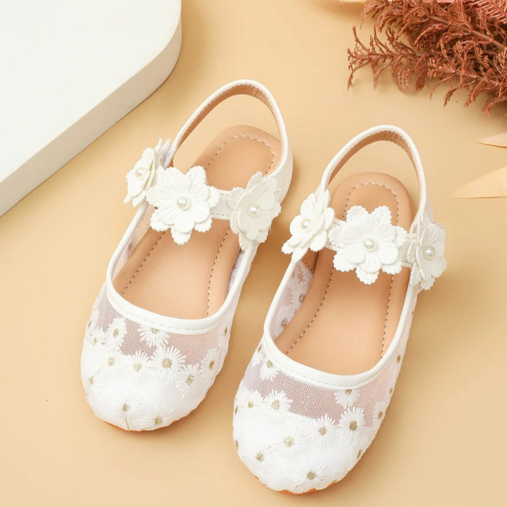 Girls white flat bottom PU leather mesh comfort shoes with floral design and Velcro closure, size 20-36