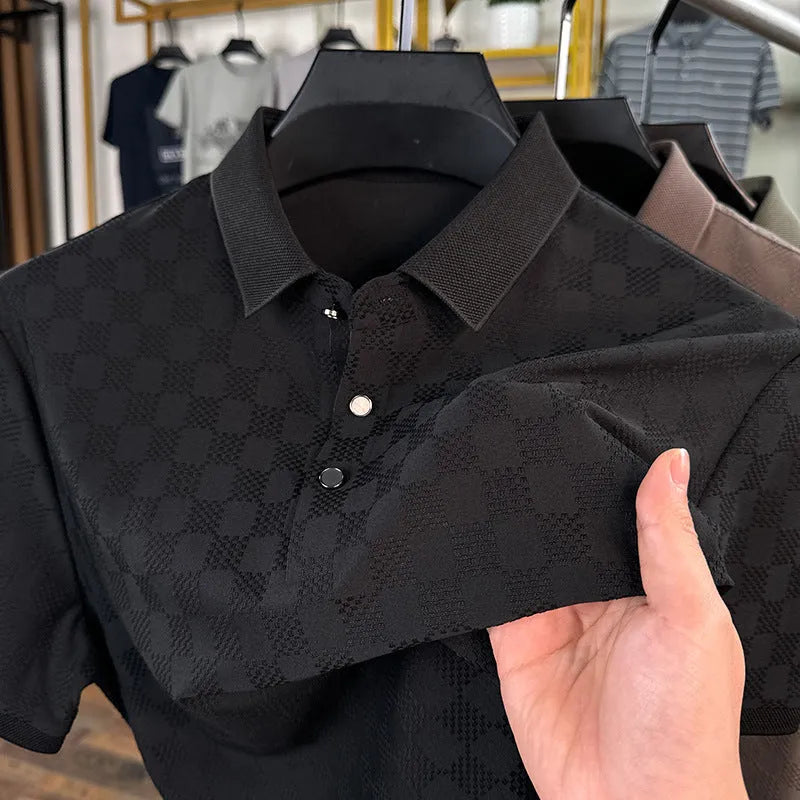 Rhombus patterned thin ice silk short sleeve T-shirt in black, featuring a slit detail on the hem.