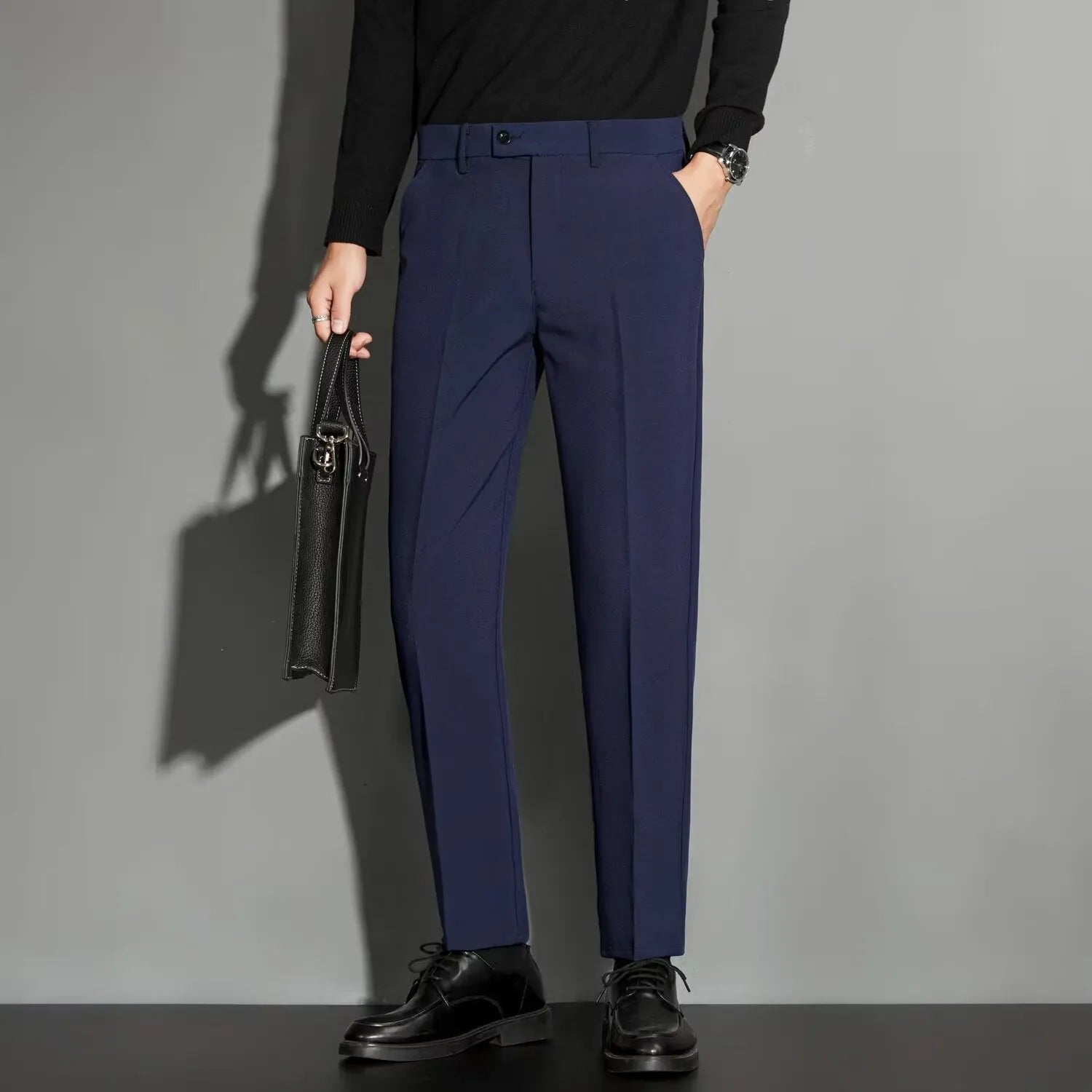 Men's straight-leg ankle-length suit trousers in chemical fibre blend available in multiple colours