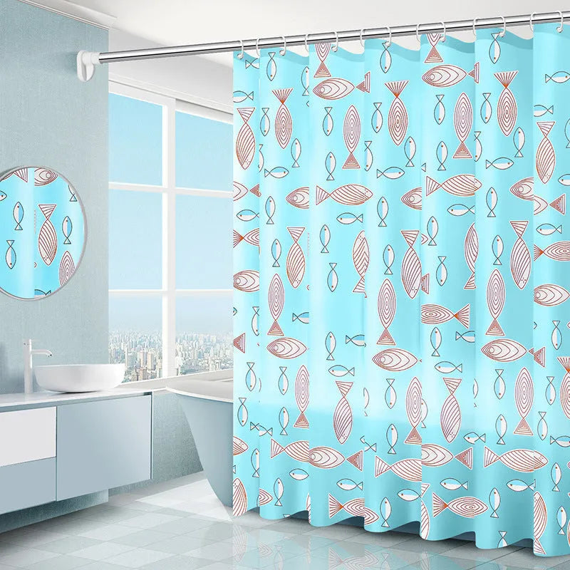 PEVA shower curtain with stainless steel buttonholes in a geometric abstract pattern, simple modern style for a bathroom.