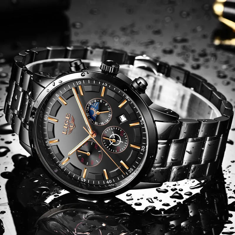 Men's waterproof quartz business sports watch in black and rose red gold with 12mm thickness