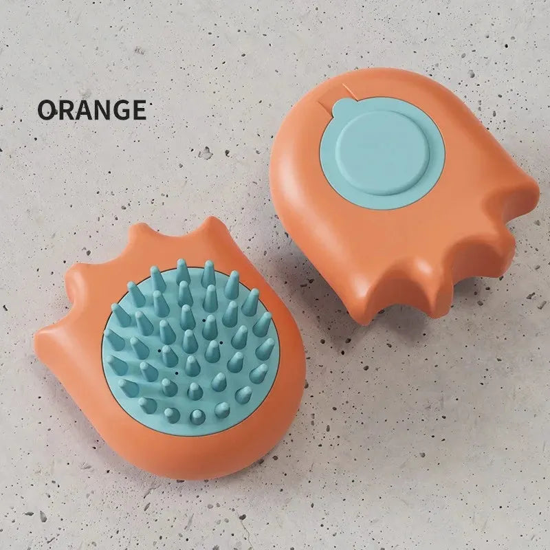 Pet bath brush with integrated shampoo box in blue, orange or yellow colours for cat and dog washing