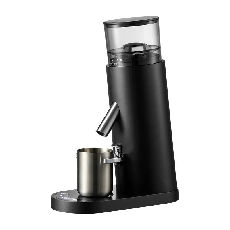 Portable automatic coffee grinder with stainless steel reservoir and temperature control display