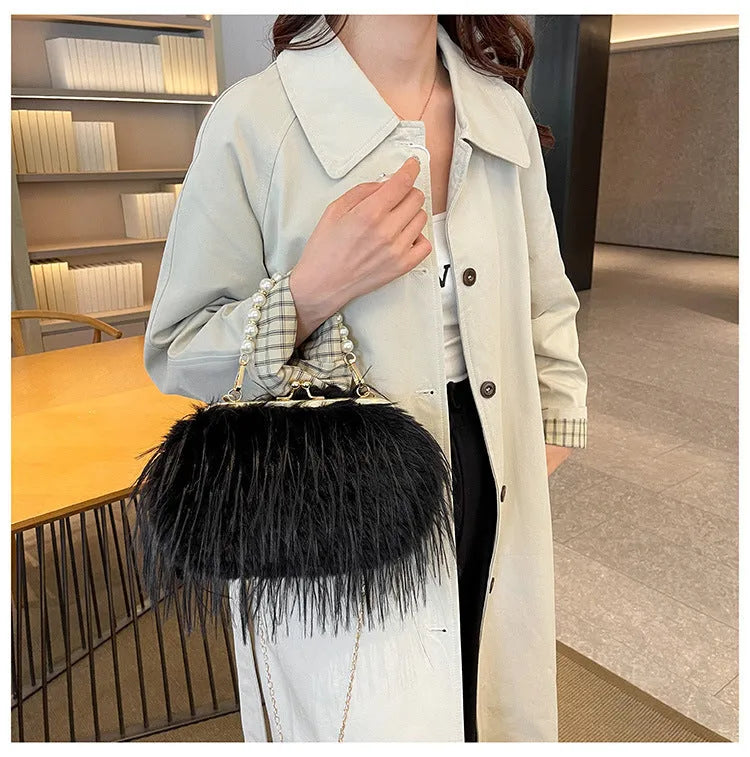 Soft plush furry crossbody shoulder bag with pearl chain and phone pocket in shell shape