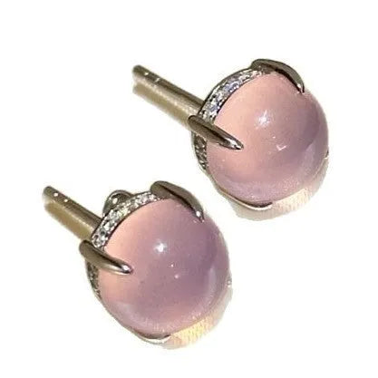 Chinese style round egg surface chalcedony earrings with four claw settings in three colour options