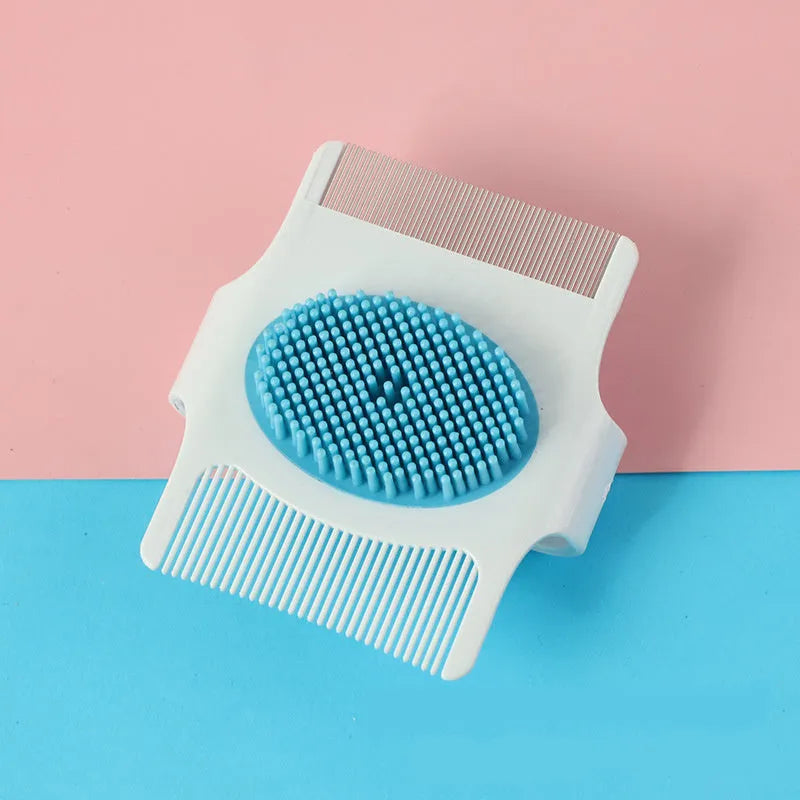 Blue pet grooming comb with floating hair removal feature for dogs and cats
