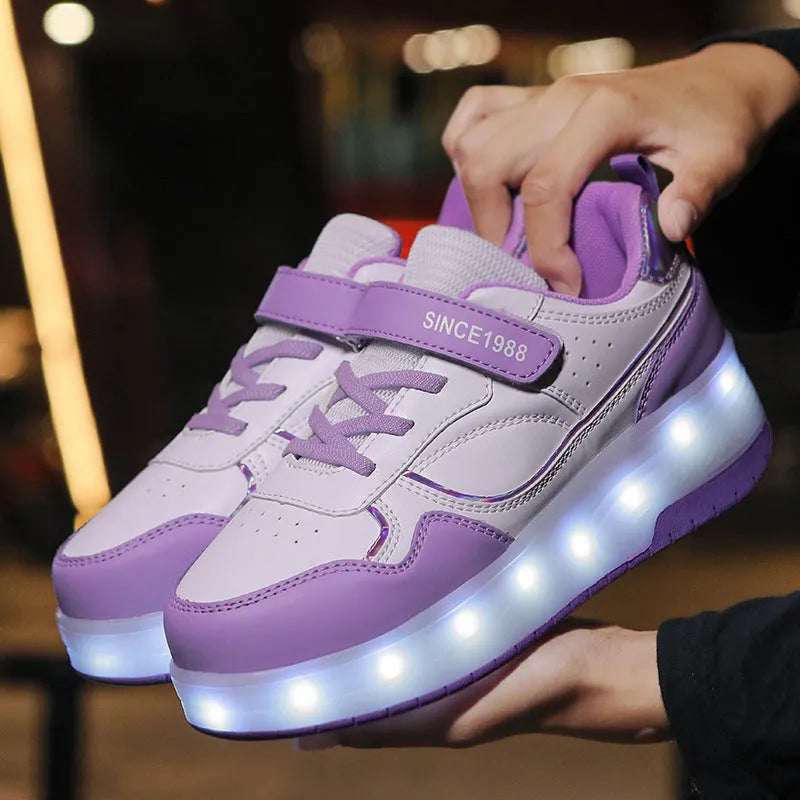 Charging flash roller skates with LED light-up wheels in black, pink, purple and white colour options