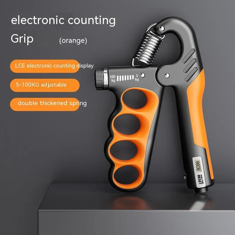 Electronic counter spring grip hand strengthener with adjustable resistance and digital display