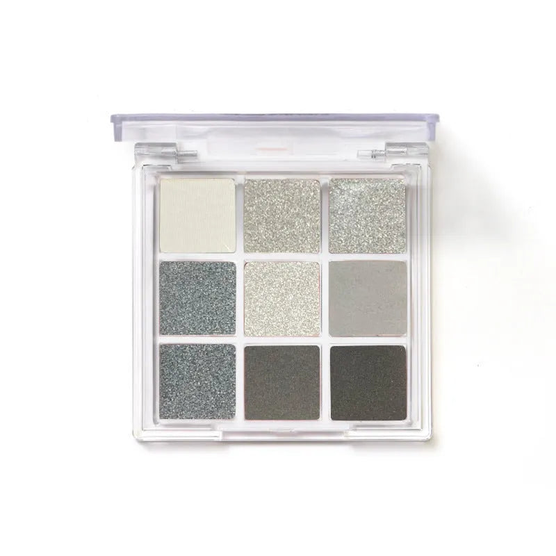 9-colour smoked eyeshadow palette showing white, silver, black and iron grey shades