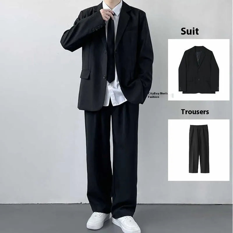 Plus size men's college style loose fit suit set with trousers, white shirt, and red tie