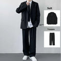 Plus size men's college style loose fit suit set with trousers, white shirt, and red tie