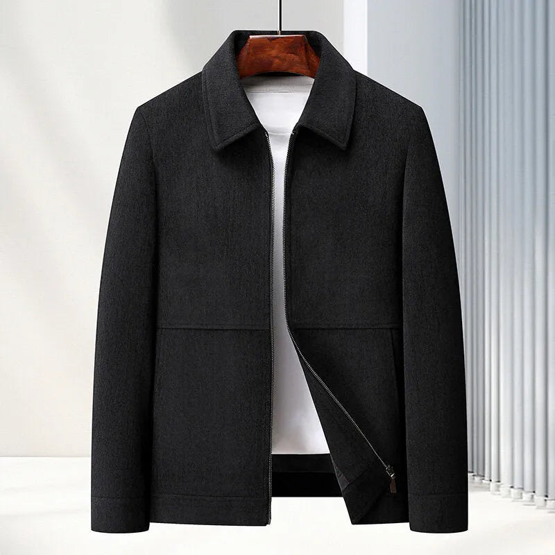 Men's slim fit casual lapel coat in thickening Vinylon fabric shown in dark blue.