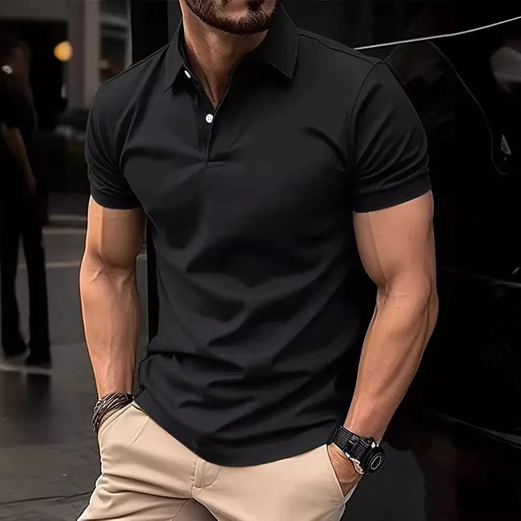 Men's slim fit solid colour short sleeve button-up shirt on a hanger