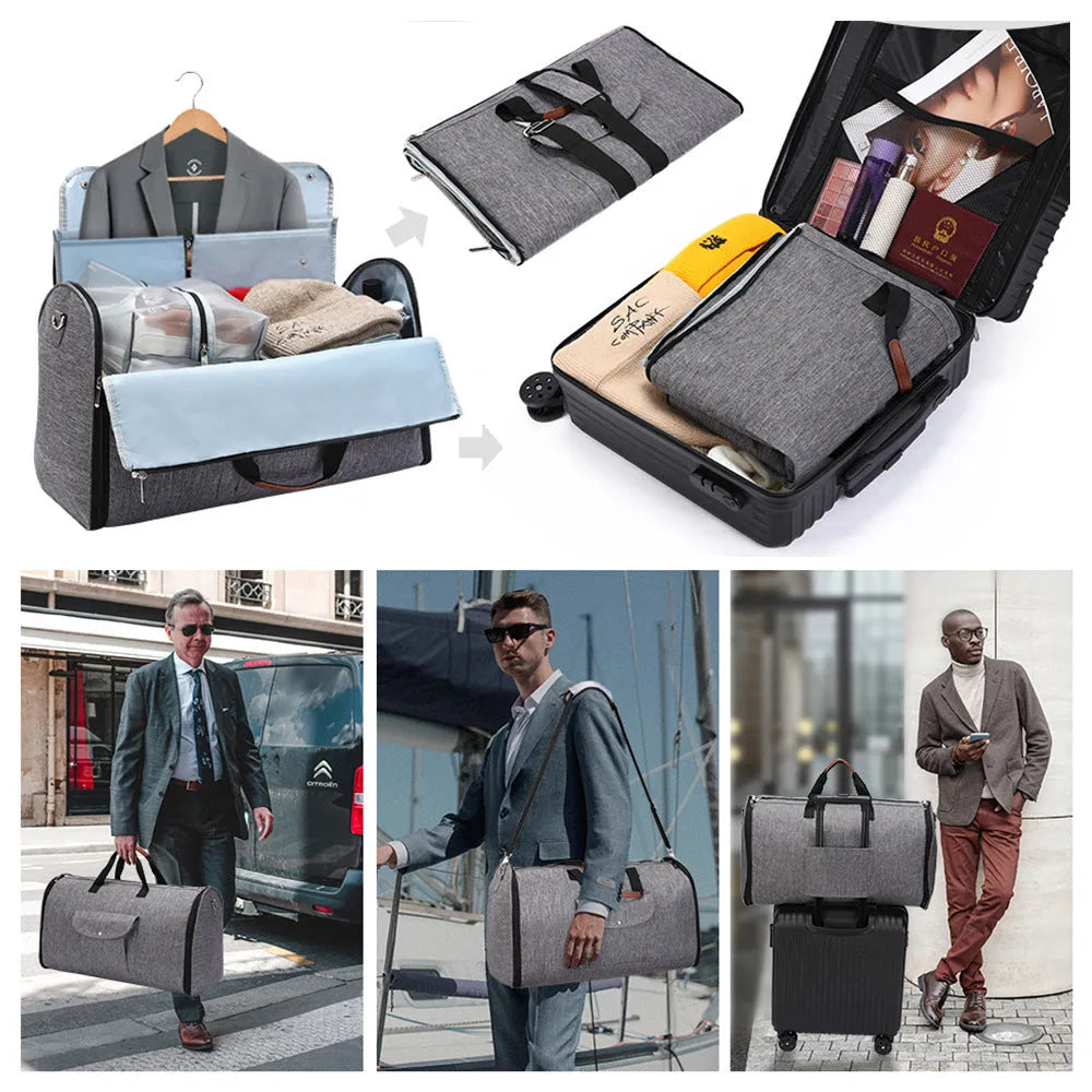 Folding duffel luggage bag in dark blue, grey, or black, suitable for business travel and gym.