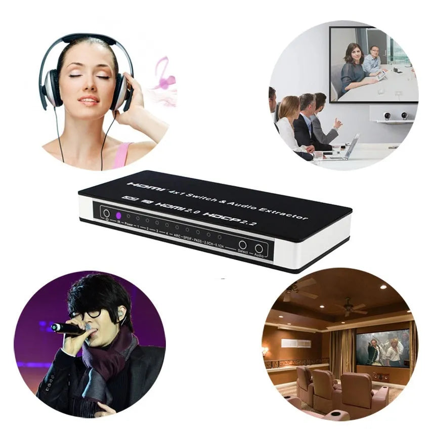 Black HDMI audio/video switch with remote control, showing four input ports and one output port.