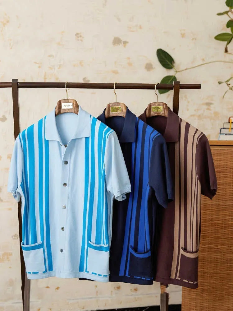Men's thin striped short-sleeve cardigan polo shirt with a lapel collar, shown in light blue.