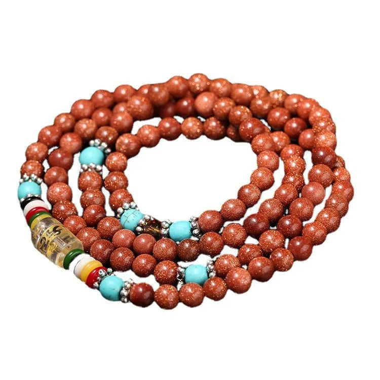 Golden star stone mantra bracelet with 108 nugget sand beads and retro fu character design