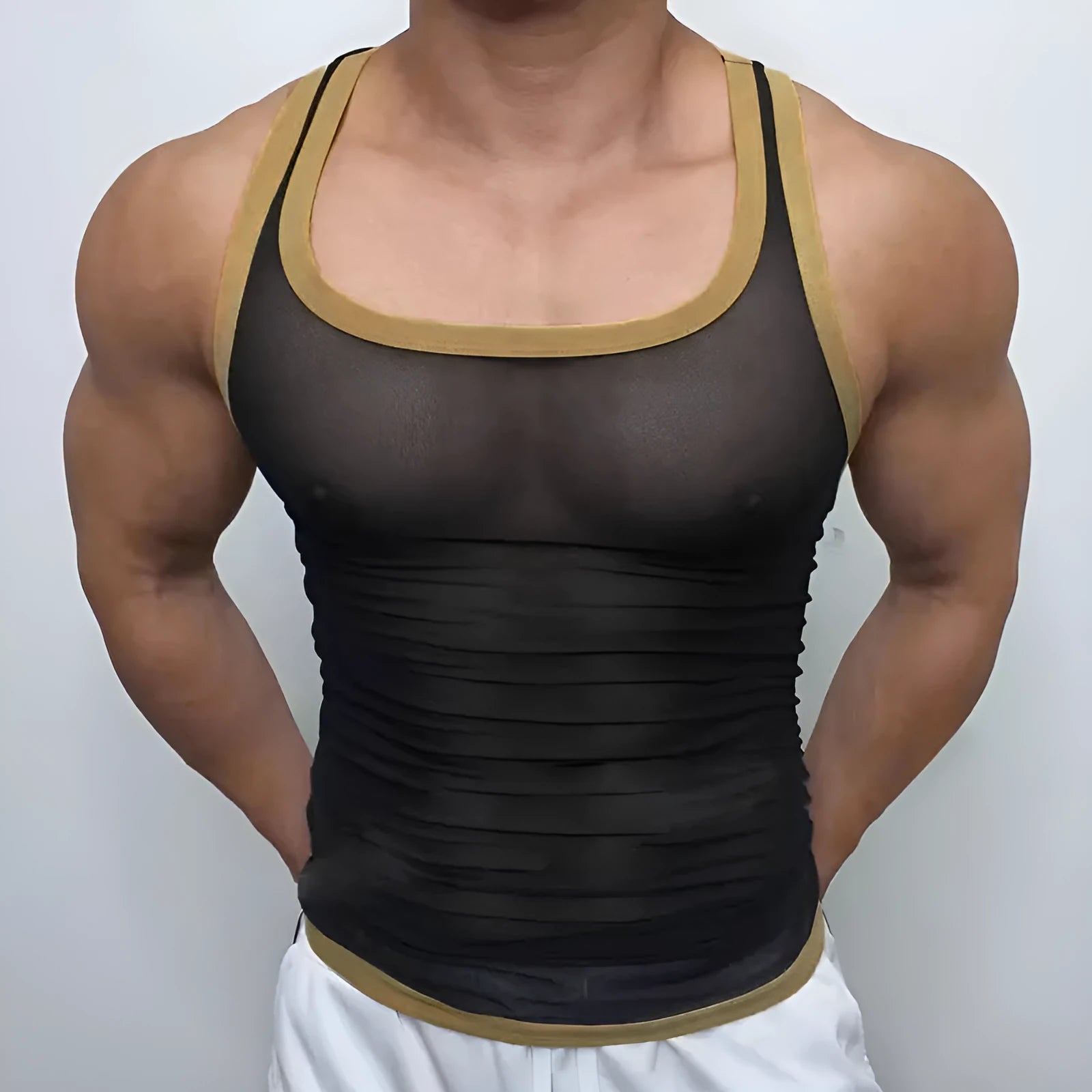 Men's tight mesh fitness vest in solid white or black colour with straight hem design