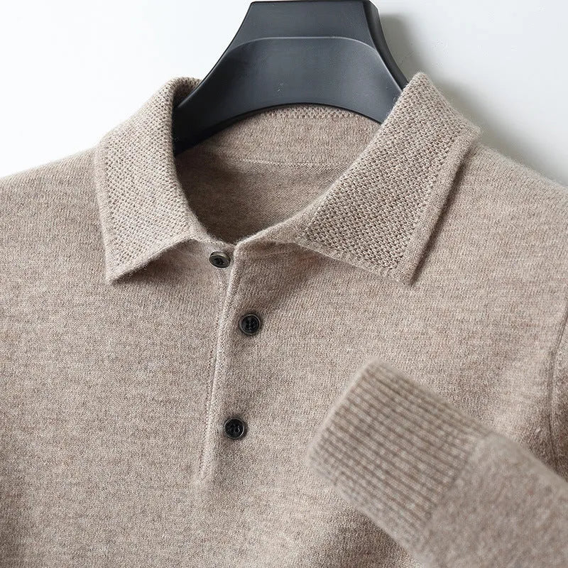 Men's grey wool pullover sweater with a polo collar and long sleeves laid flat.