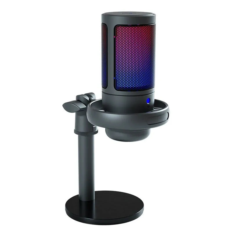 Condenser microphone with RGB lighting in black, white, or pink colours, with a 150cm data cable for computer recording.