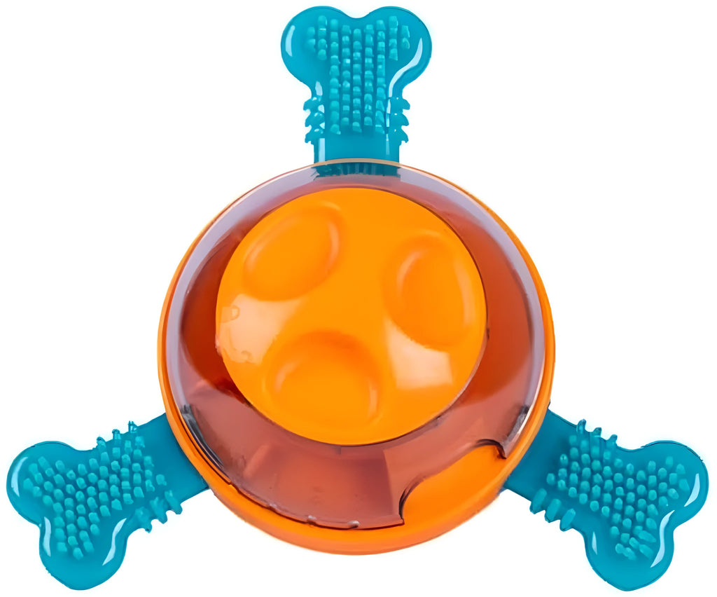 Blue interactive slow feeder toy with rubber bones for small and medium puppy mental stimulation