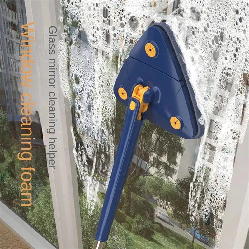 Blue triangle cleaning mop with extendable pole and rotating head for corner cleaning