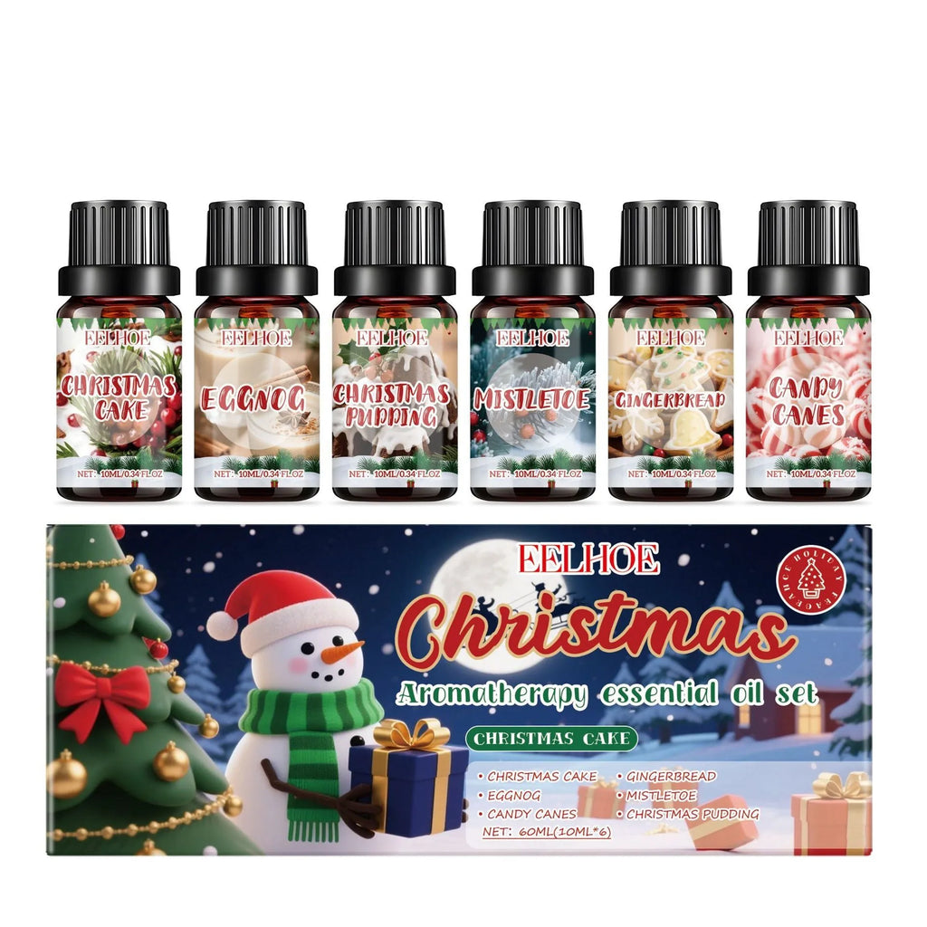 Christmas aromatherapy oil set showing six bottles with 60ml and 10ml sizes for diffusers
